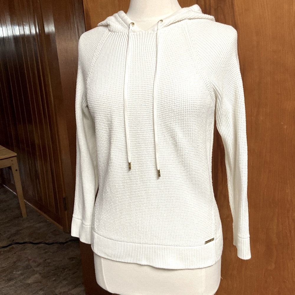 Michael Kors cotton ivory hoodie thermal fabric great gold accents MED M